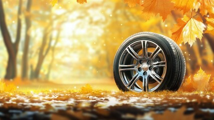 Seasonal tire sale design with a focus on a shiny alloy wheel and clean background