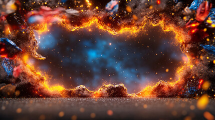 vibrant explosion of colors and textures creates dynamic scene, featuring glowing edges and cosmic elements. fiery and cosmic backdrop evokes sense of adventure and energy