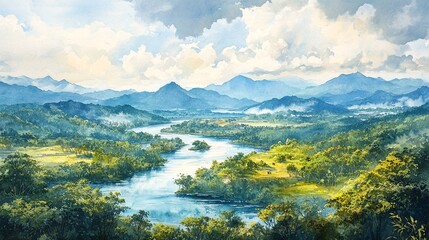 Obraz premium the serene landscape of a river winding through a forest and mountains under a cloudy sky.