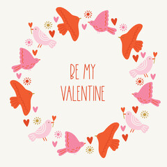 Valentine's Day greeting card with birds, hearts, stars on white background. Perfect for seasonal holidays and decorations. Hand drawn frame, wreath