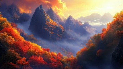 Stunning autumn mountain view with vivid orange, red, and yellow foliage and misty peaks