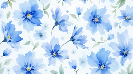 Seamless pattern of watercolor blue flowers on white background.
