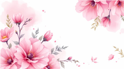 Watercolor floral frame with pink flowers and green leaves on white background.