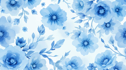 Seamless pattern with blue flowers painted in watercolor style on a white background, elegant floral design