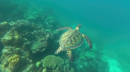 Obraz premium Tranquil turtle swimming over a healthy reef in clean ocean water, emphasizing protection