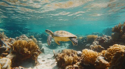 Obraz premium Turtle in an unspoiled underwater paradise, surrounded by colorful coral and clear water