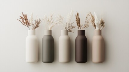 Four bottles of different colors - white, grey, brown, and beige - arranged in a row on a plain white background.