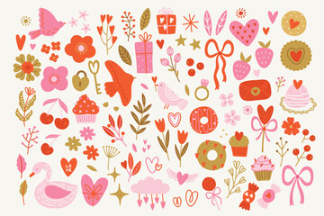 Valentine's Day set - birds, cupcake, swan, cake, donut, cookie, bow, flower, star, heart, berry on white background. Perfect for romantic greeting cards, decorations. Vector hand drawn illustration