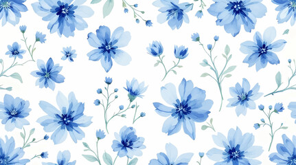 Seamless pattern with blue flowers painted in watercolor style on a white background, elegant floral design