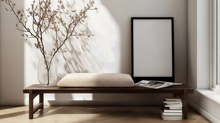 Minimalist Decor with Wooden Bench, Glass Vase, and Sunlit Aesthetic.