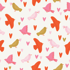 Valentine's Day seamless pattern with birds and hearts on white background. Perfect for wallpaper, gift paper, romantic greeting cards. Vector hand drawn illustration