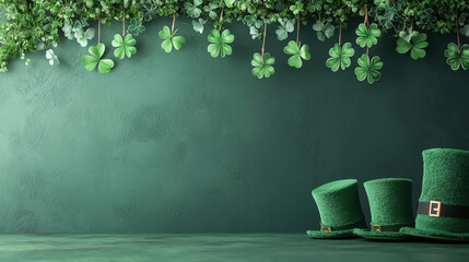 This vibrant St Patricks Day banner showcases green backgrounds, hanging clovers, and festive hats, perfect for social media and promotional material