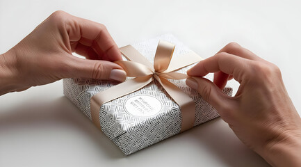 A pair of hands elegantly ties a satin ribbon around a beautifully wrapped gift box, showcasing attention to detail and care in presentation.