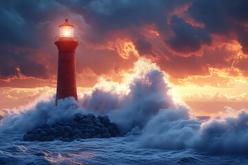 Photorealistic image of a lighthouse standing tall amidst a wild and turbulent sea, illuminated by a vibrant blue sky. Waves crash against the rocky base, capturing the dramatic essence of nature.

