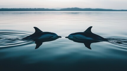 Obraz premium Two dolphins swim gracefully in calm waters, creating gentle ripples against a serene backdrop.