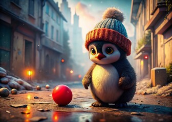 Obraz premium Adorable Penguin with Red Ball: Playful 3D Render Urban Exploration Photography