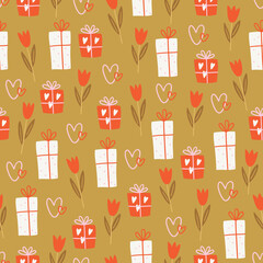Valentine's Day seamless pattern with tulips, hearts, gifts on gold background. Perfect for wallpaper, gift paper, romantic greeting cards. Vector hand drawn illustration