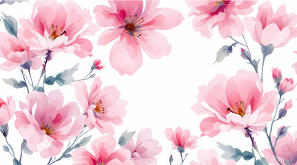 Watercolor painting of pink flowers and green leaves on a white background.