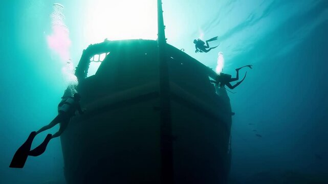 Underwater Exploration of a Sunken Shipwreck: A Diver and Rays of Light Illuminate a Mystical Marine World