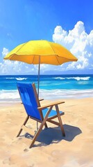 Serene Beach Scene Blue Chair, Yellow Umbrella, Azure Ocean