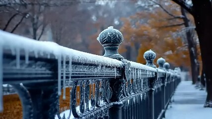 Frost-covered railing in a winter park with trees displaying orange leaves in the background - Powered by Adobe