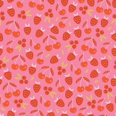 Valentine's Day seamless pattern with cherry and strawberry on pink background. Perfect for wallpaper, gift paper, romantic greeting cards. Vector hand drawn illustration