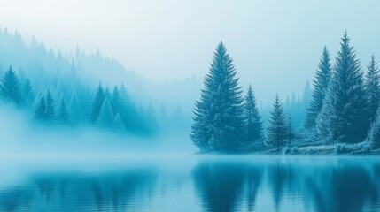 Fototapeta premium Beautiful Tranquil Lake Surrounded by Pine Trees in a Foggy Forest, Representing Nature, Serenity, and Calmness in a Minimalist Landscape.