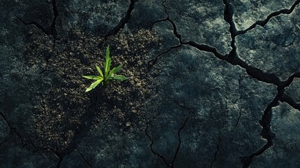 A small green grass sprout pushes through the cracked black ground, embodying hope and resilience in a harsh arid landscape. Generative Ai
