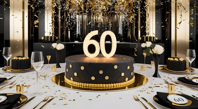A stylish 60th birthday cake set on a beautifully decorated table with black and gold accents, surrounded by elegant tableware and festive decorations. - Powered by Adobe