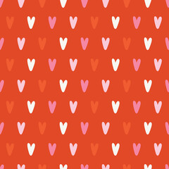 Valentine's Day seamless pattern with hearts on red background. Perfect for wallpaper, gift paper, romantic greeting cards. Vector hand drawn illustration