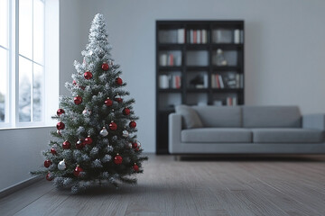 Modern Living Room Scene with Decorated Christmas Tree and Cozy Atmosphere