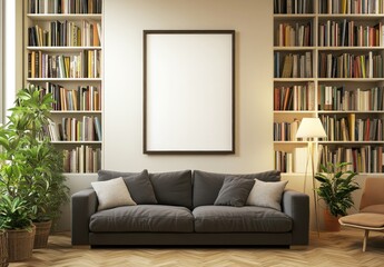 A living room with light-colored walls, a sofa and coffee table against the wall, a white bookcase on one side of the couch