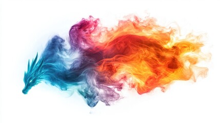 Fototapeta premium A colorful, abstract dragon-shaped figure emerges from vibrant smoke, blending shades of blue, purple, orange, and red in an artistic display.