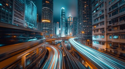 Obraz premium Blurred Cityscape with Motion-Blurred Traffic and Skyscrapers at Night, Depicting Modern Urban Life and Nighttime City Traffic Concepts.