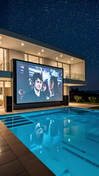 Luxury poolside cinema under starry night sky offering entertainment and relaxation
