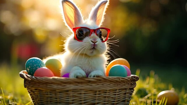 Easter video: bunny in an Easter basket with colorful eggs