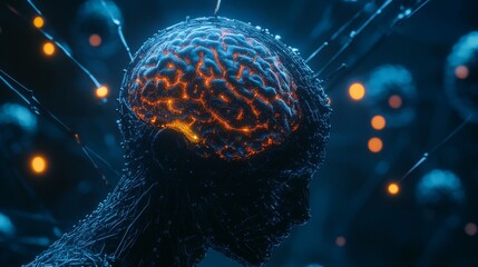 "humanoid robot with artificial brain analyzing data through complex network, representing the future of technology and intelligent machines in advanced artificial intelligence concepts


