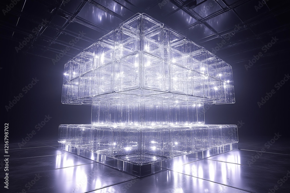 Poster bright lights illuminating a conceptual 3d structure.
