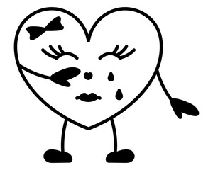 Crying heart shaped character. Girl in love symbol shape. Sadness on face, eyes closed with tears dripping from them, wiping tears with hand. Sketch. Vector illustration. Doodle style. 