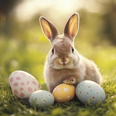 A cute rabbit sits on grass surrounded by colorful Easter eggs, creating a cheerful springtime scene.