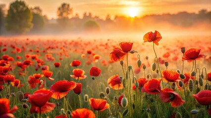 Dense red poppy fields with soft golden light filtering through morning mist, misty morning, nature