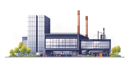 Modern industrial complex with large buildings, smokestacks, and landscaping.