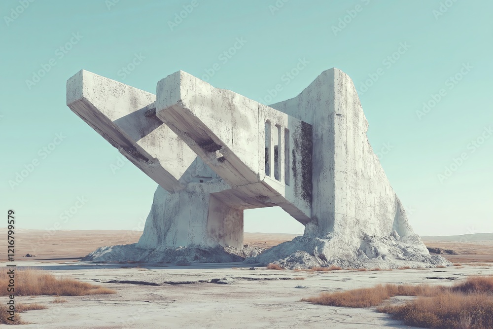 Poster bold, fragmented structures in surreal landscapes