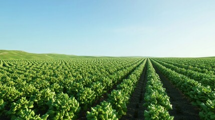 Vast Green Agricultural Field Under a Clear Blue Sky: Rows of Lush Crops Extending to the Horizon