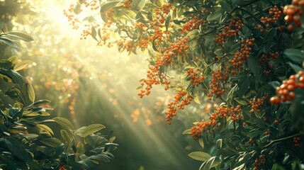 Vivid sea buckthorn bush showcases clusters of bright orange berries, illuminated by golden sunlight filtering through lush green leaves during a tranquil afternoon