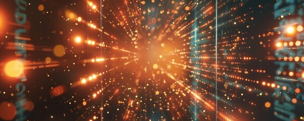 Obraz premium glowing orange digital tunnel with light particles radiating outward
