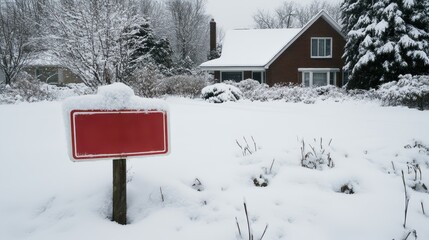 A realtors For Sale sign buried in snow outside an empty house, symbolizing stagnant housing markets during economic downturns