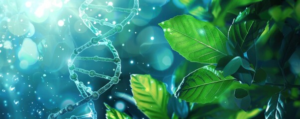 Vibrant green leaves with a glowing DNA helix on a blue background