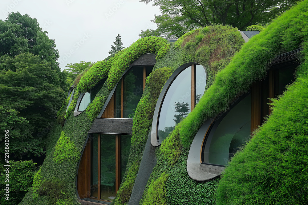 Poster a world where buildings blend with natural elements in unexpected ways