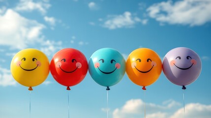 Happy smiling balloons float outdoors on a sunny day